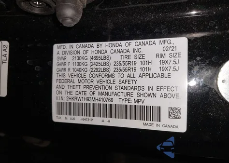 2021 Honda Cr-V 2Wd Touring из США, поврежденный, VIN 2HKRW1H93MH410766